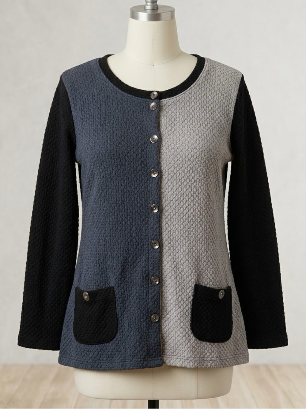 Vintage Margaret Winters 100% Cotton Colorblock Cardigan Sweater Small Gray Blac